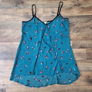 Lily White Flowy Sheer Blue & Black Bird Tank Top Size Large